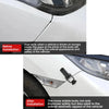 Before and after installation of an alloy hood pin lock kit for cars, showing improved fit and aesthetic appeal.