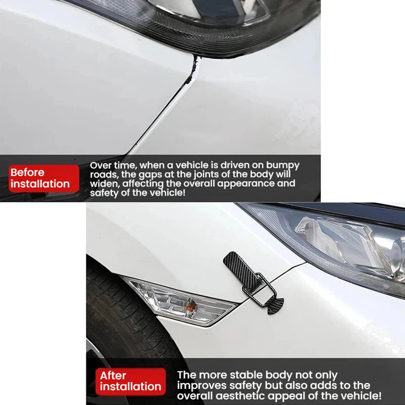 Before and after installation of an alloy hood pin lock kit for cars, showing improved fit and aesthetic appeal.
