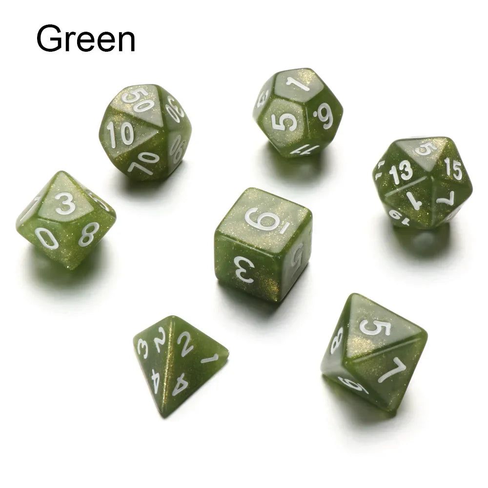 A set of green polyhedral dice, including a d6 and d10, scattered on a white surface.