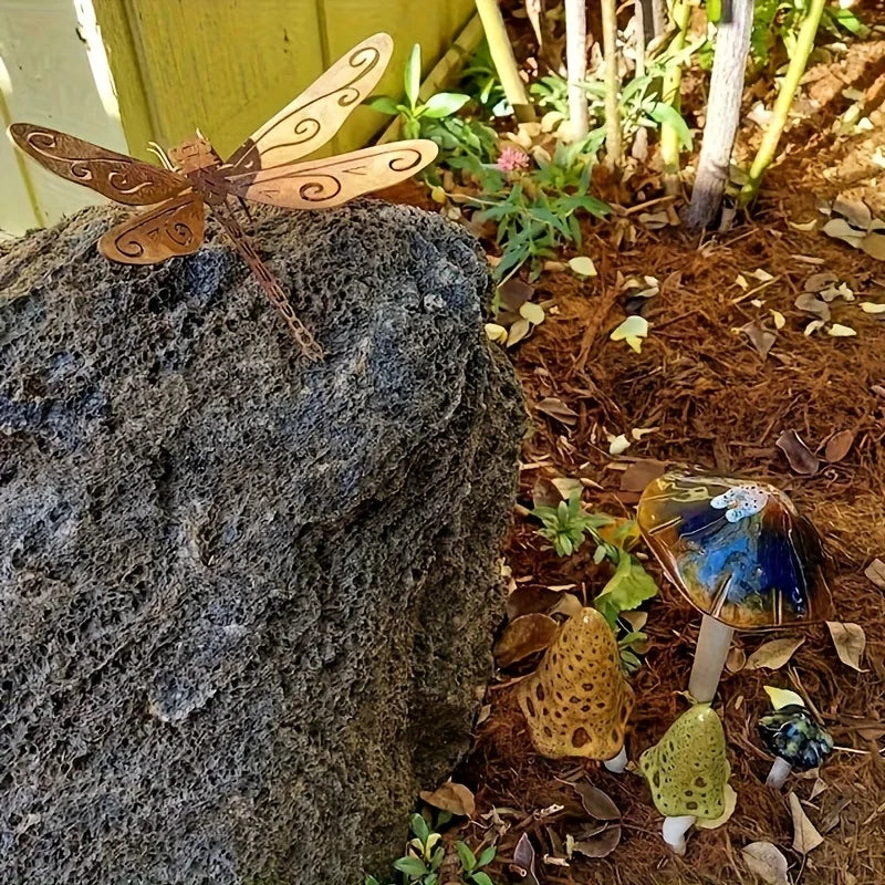 Rust-Colored Metal Dragonfly Garden Statue