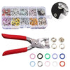 A set of pliers with metal buttons for clothes and DIY projects, including various sized rings.