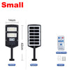 A black solar street light with a motion sensor and remote control, shown alongside its components.