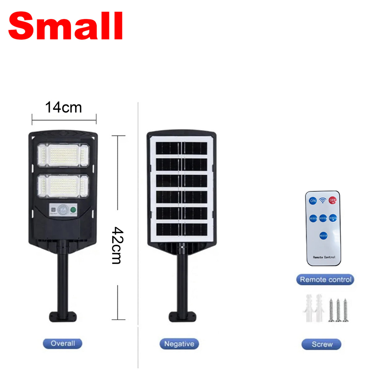 A black solar street light with a motion sensor and remote control, shown alongside its components.