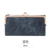 A dark blue leather wallet with a gold-toned clasp and a rectangular shape.
