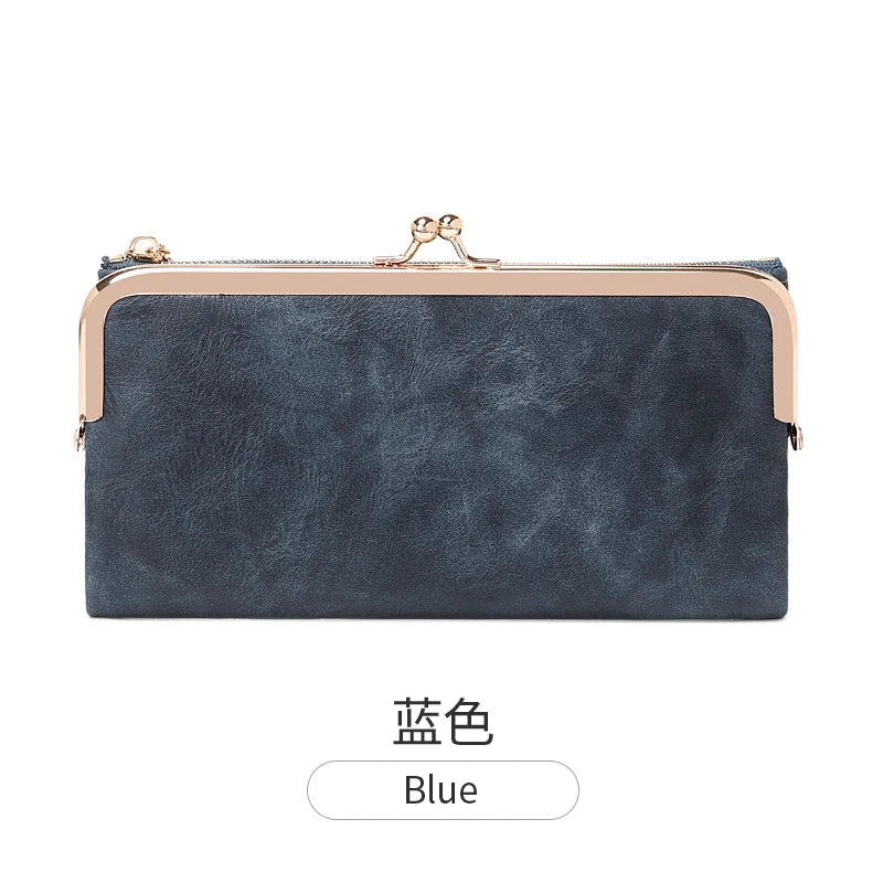 A dark blue leather wallet with a gold-toned clasp and a rectangular shape.