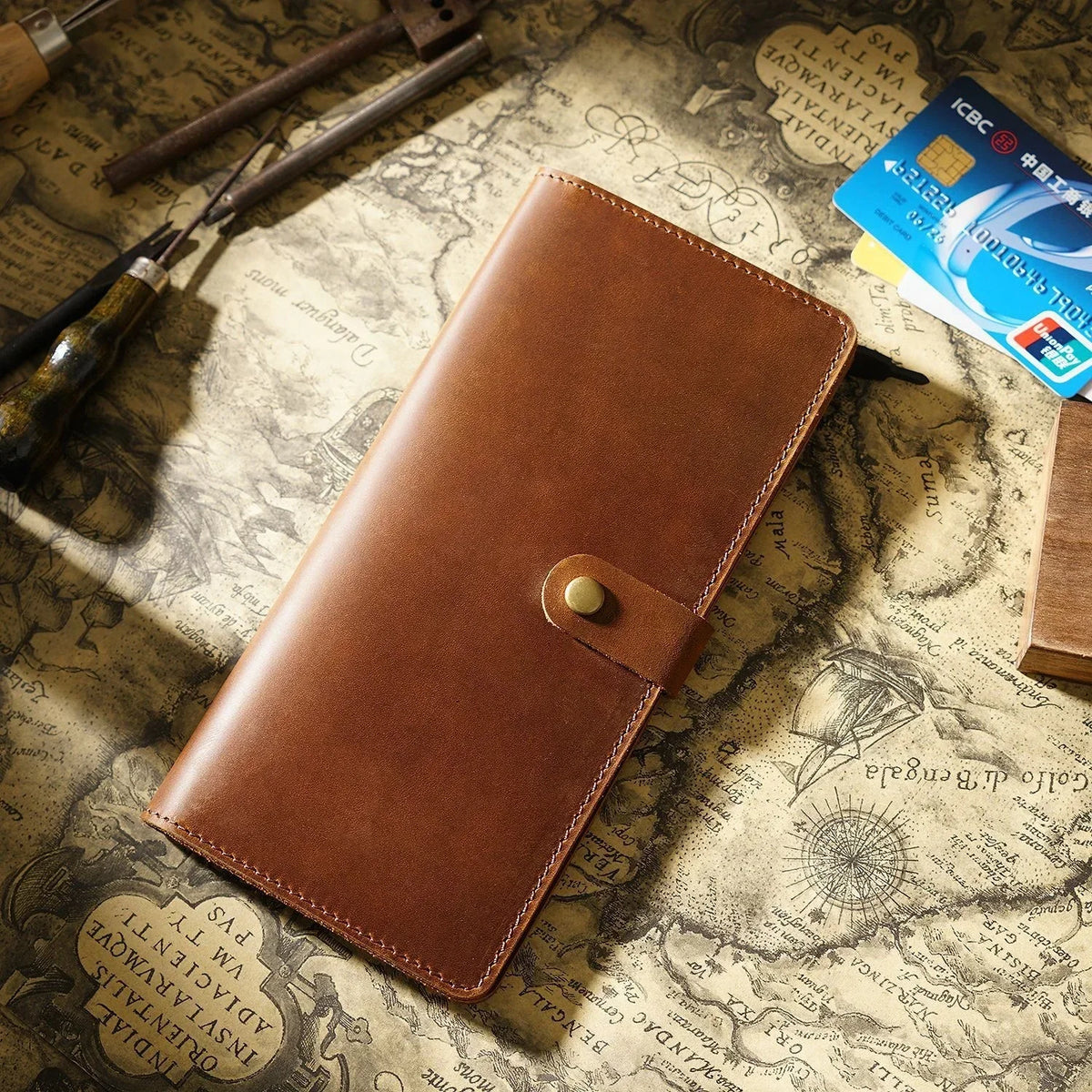Vintage Leather Long Bifold Wallet with Snap Closure