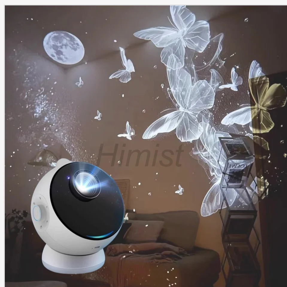 A white projector night light with a blue light beam is shown in a room decorated with moon and butterfly imagery.