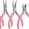 A set of jewelry making tools including pliers, tweezers, and a ring sizer in silver and pink.