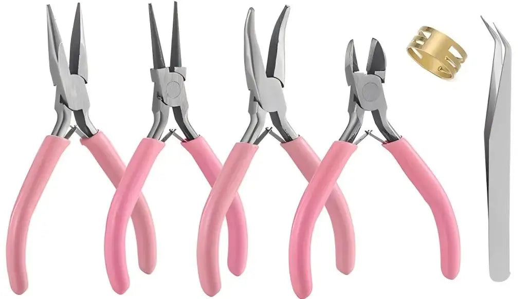 A set of jewelry making tools including pliers, tweezers, and a ring sizer in silver and pink.