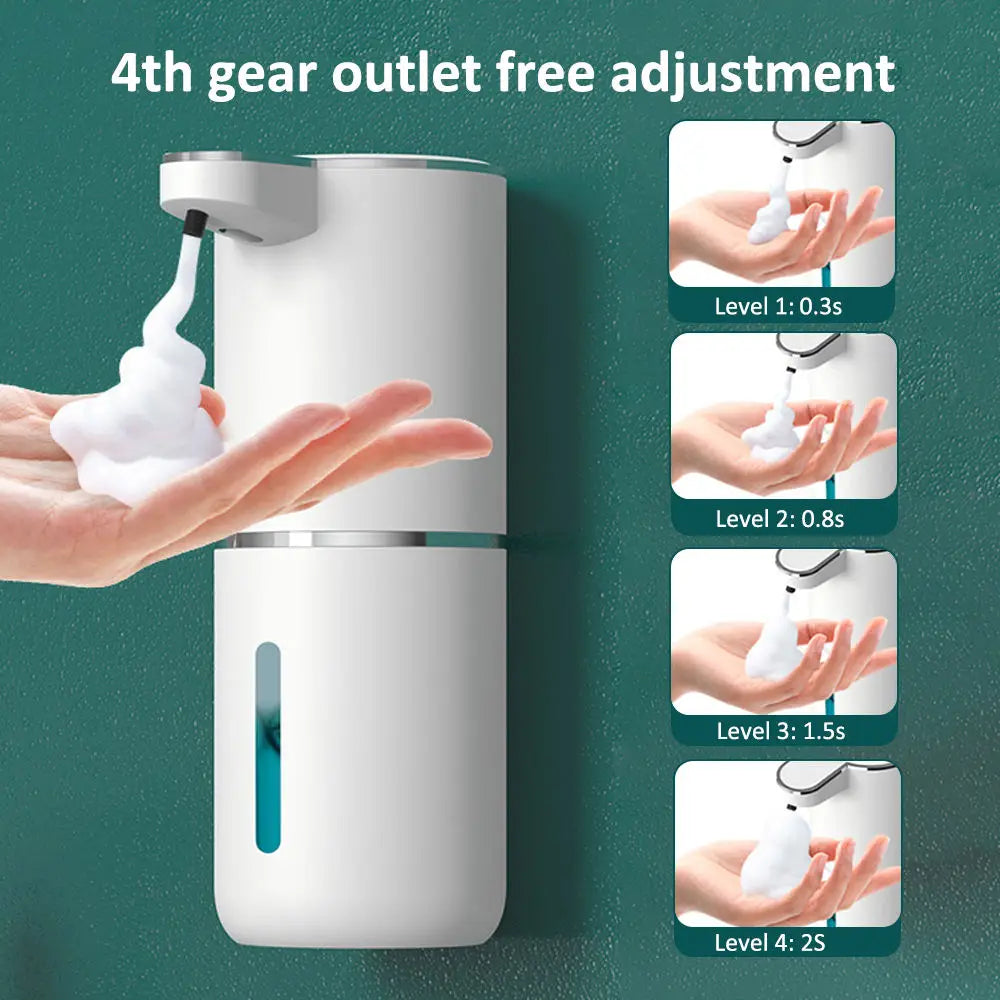 A white touchless automatic soap dispenser is shown dispensing soap onto a hand, demonstrating four levels of adjustment.