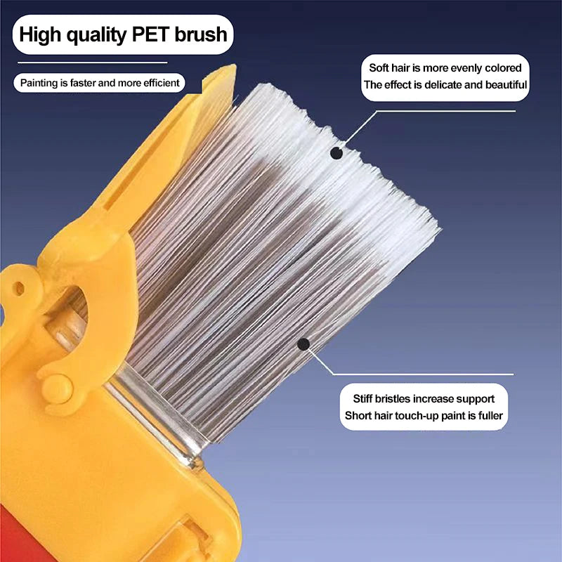 A close-up view of a yellow precision edging paint brush with fine clear bristles.