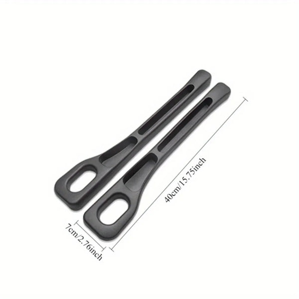 Black car seat gap organizer tool with measurements shown.