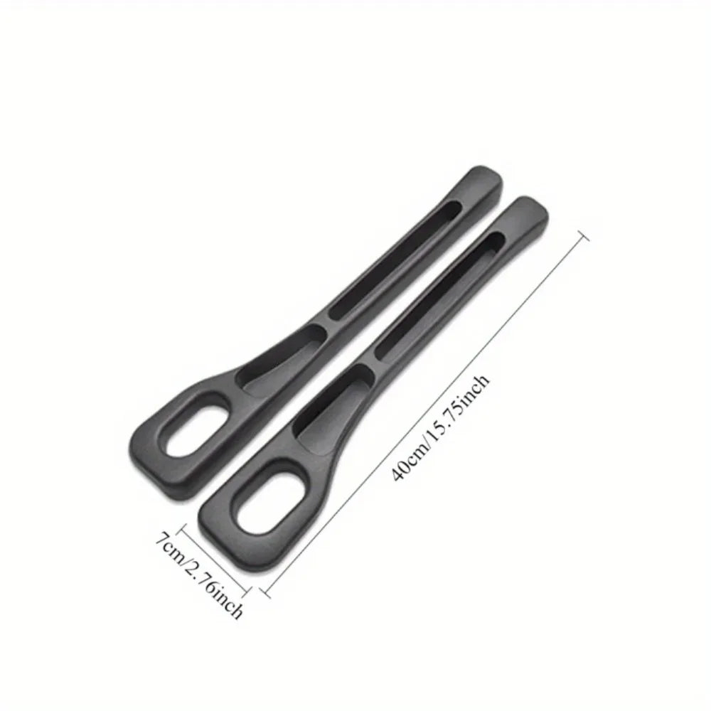 A pair of black car seat gap filler organizers for crevice storage, shown with dimensions.