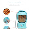 A teal pet water bottle with a silicone cup for storing water or grain, showing various storage capacities and usage.