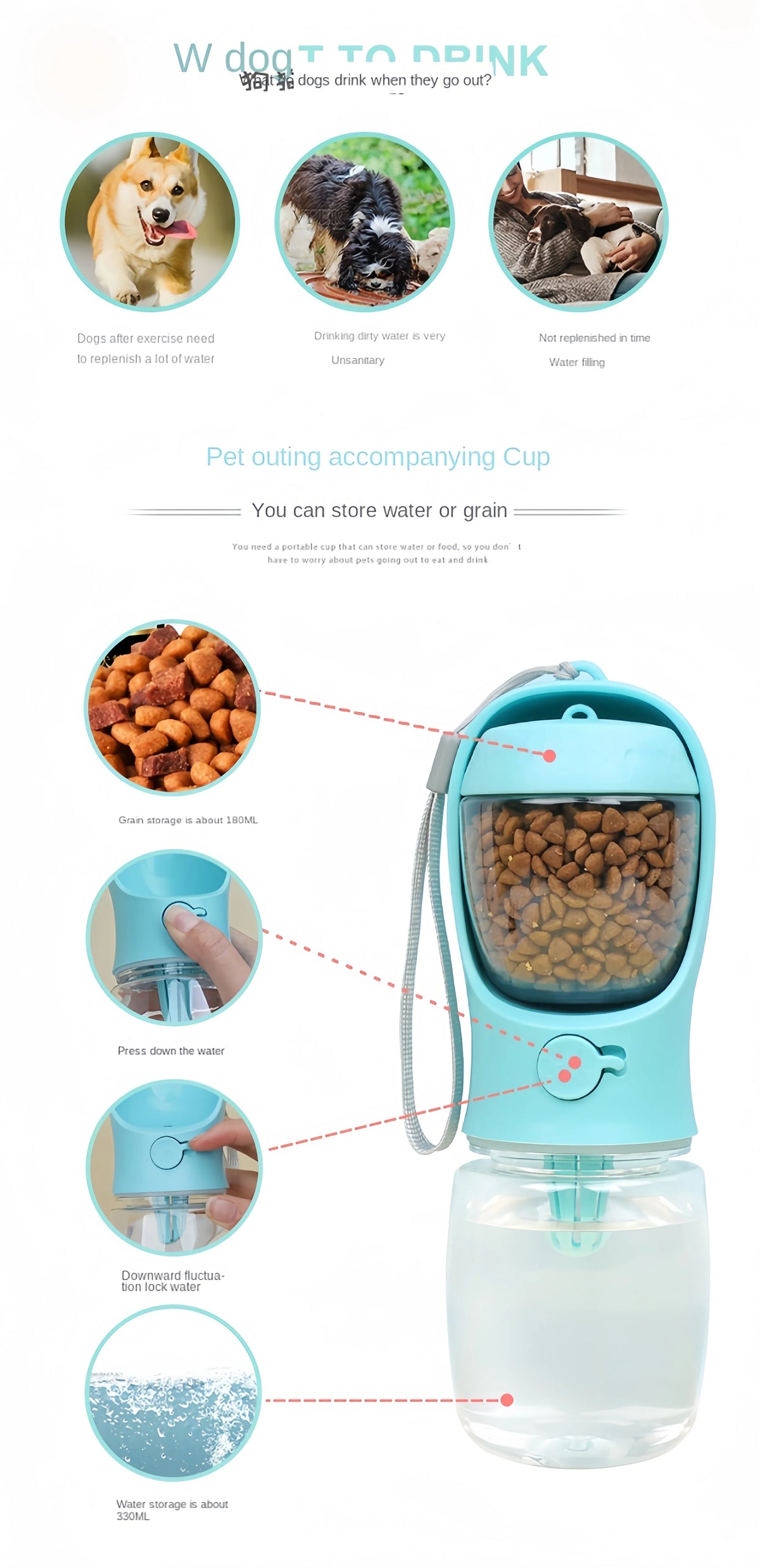 A teal pet water bottle with a silicone cup for storing water or grain, showing various storage capacities and usage.