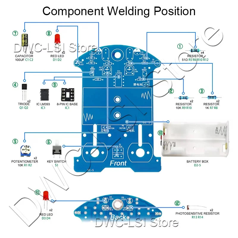 Diagram showing the component welding position for a DIY soldering kit to build a line-following robot