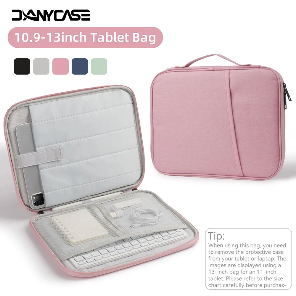 Pink padded tablet bag with a zippered compartment and a protective sleeve for 10-13 inch tablets