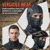 A man wearing a camouflage balaclava cap for versatile wear in an outdoor setting.