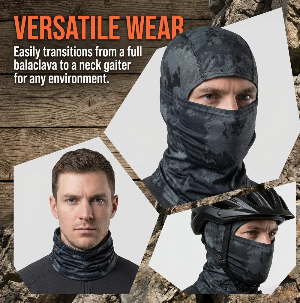 A man wearing a camouflage balaclava cap for versatile wear in an outdoor setting.