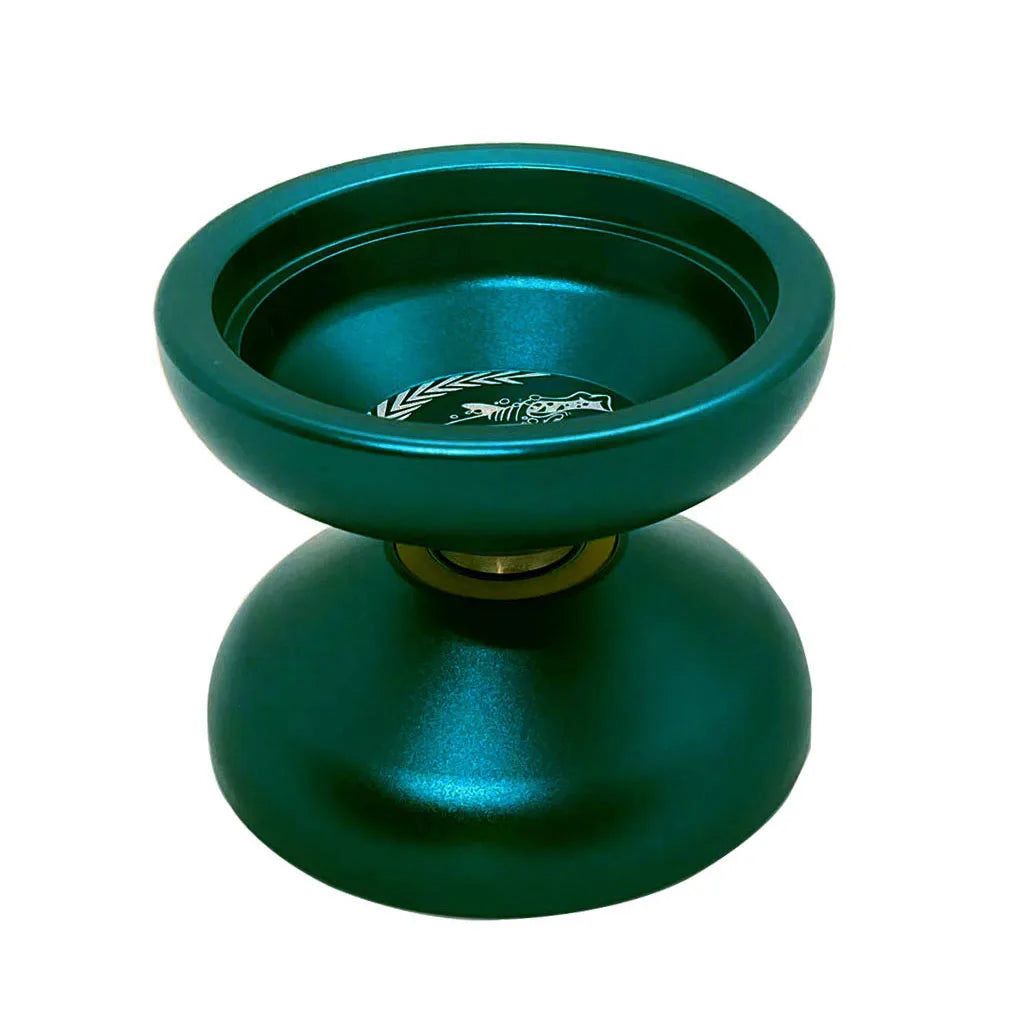 A teal metal yoyo with an unresponsive bearing for advanced tricks.