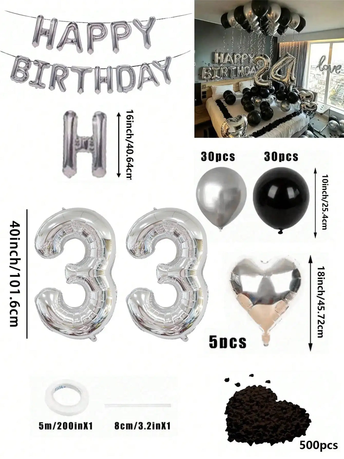 A kit for creating a balloon garland featuring silver and black foil numbers and balloons.