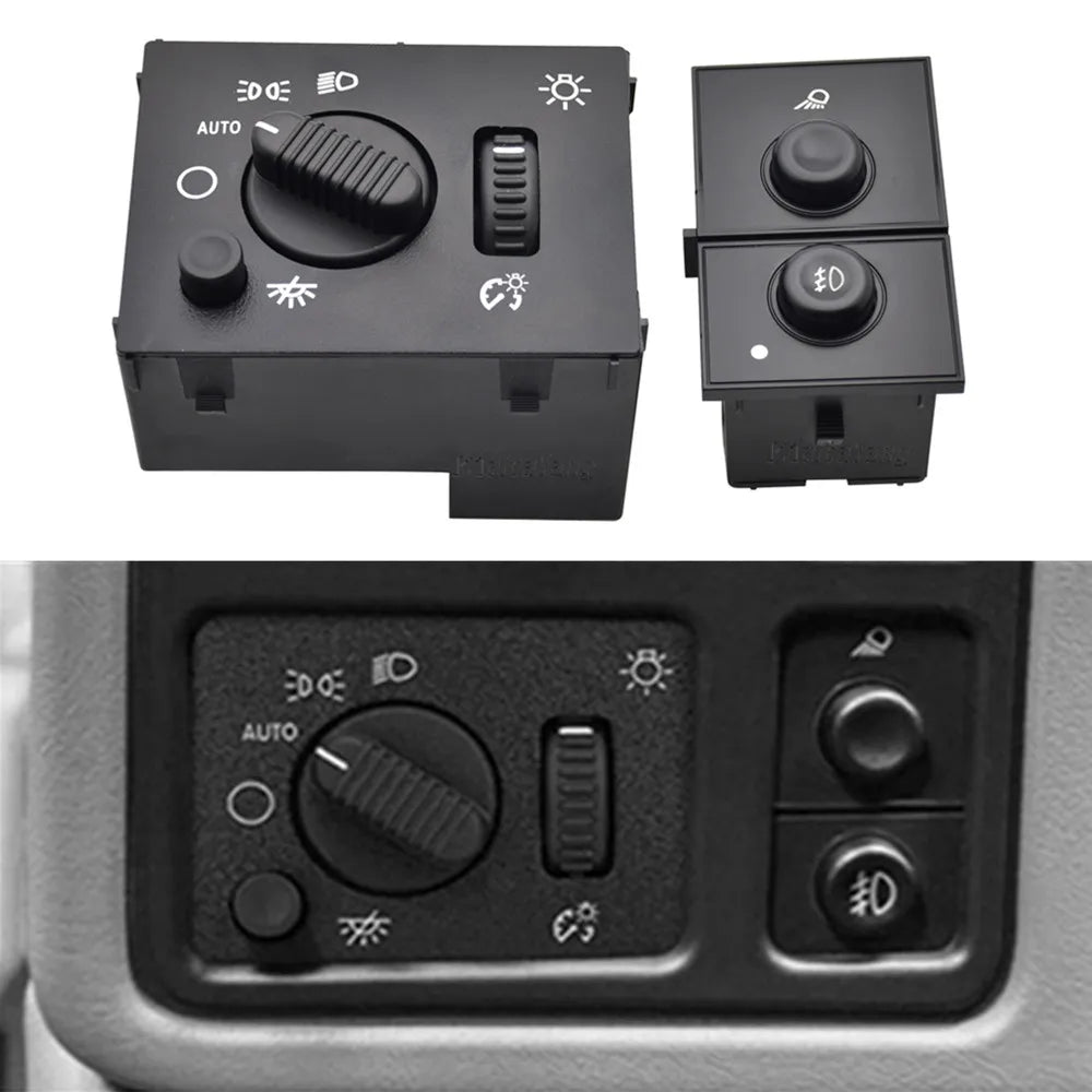 A black electronic switch featuring auto mode, light controls, and a toggle for a headlight and fog light system.