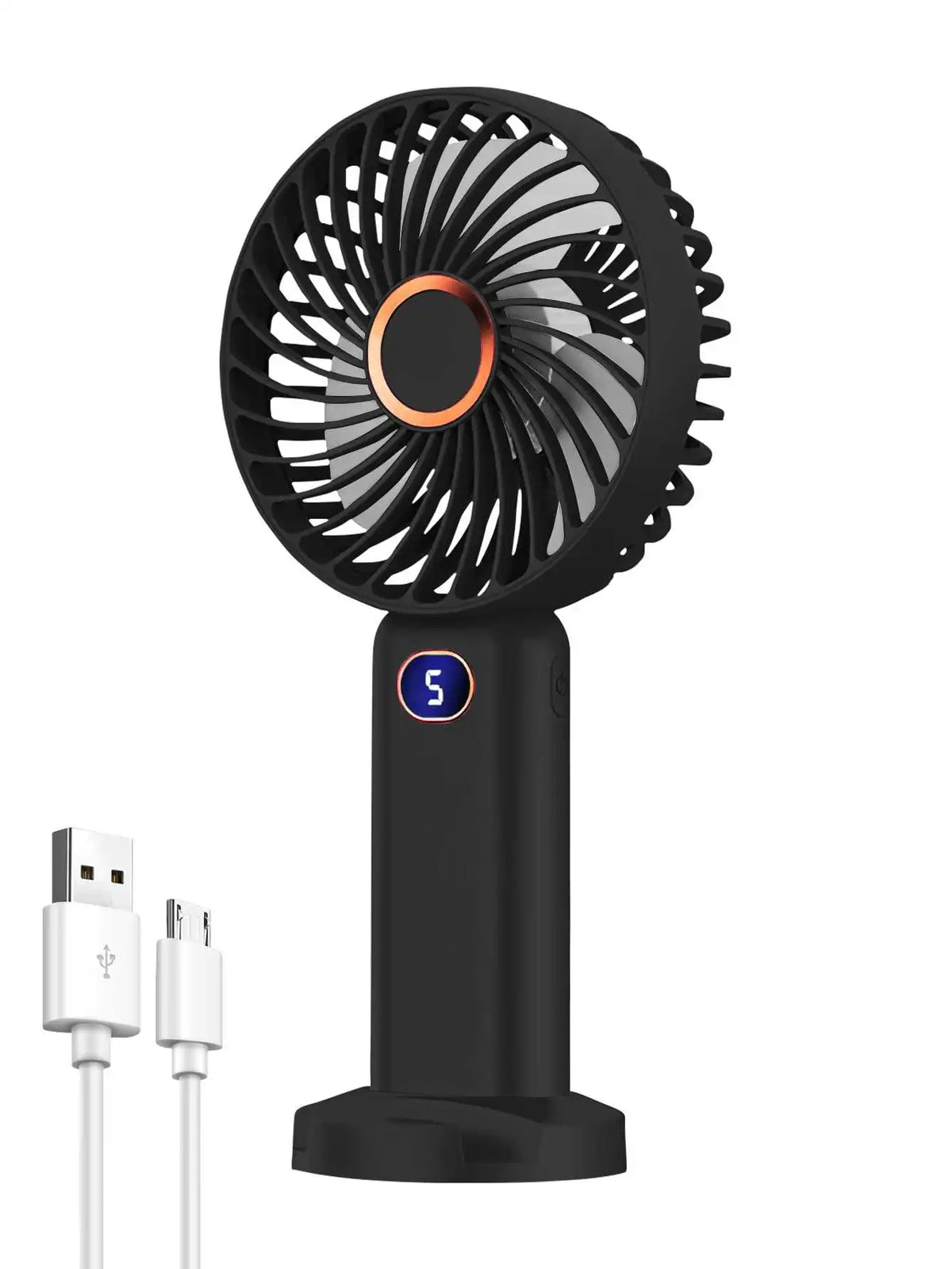 A black portable rechargeable handheld fan with a digital display and a grille.