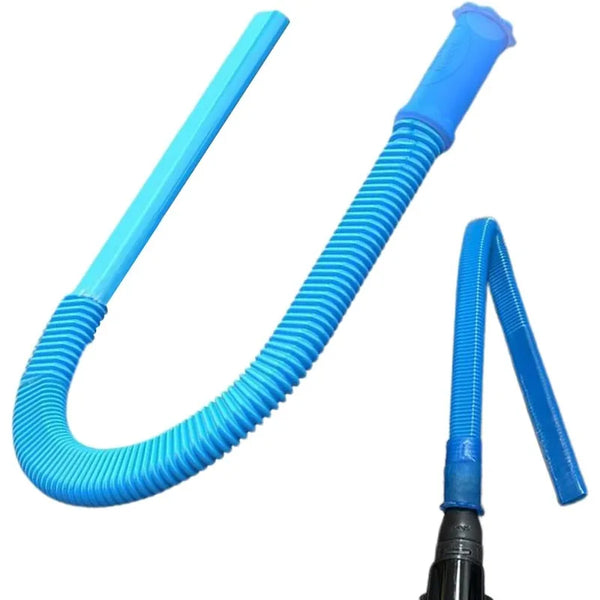 A bright blue flexible dryer vent cleaning hose with a flexible tip and corrugated body.