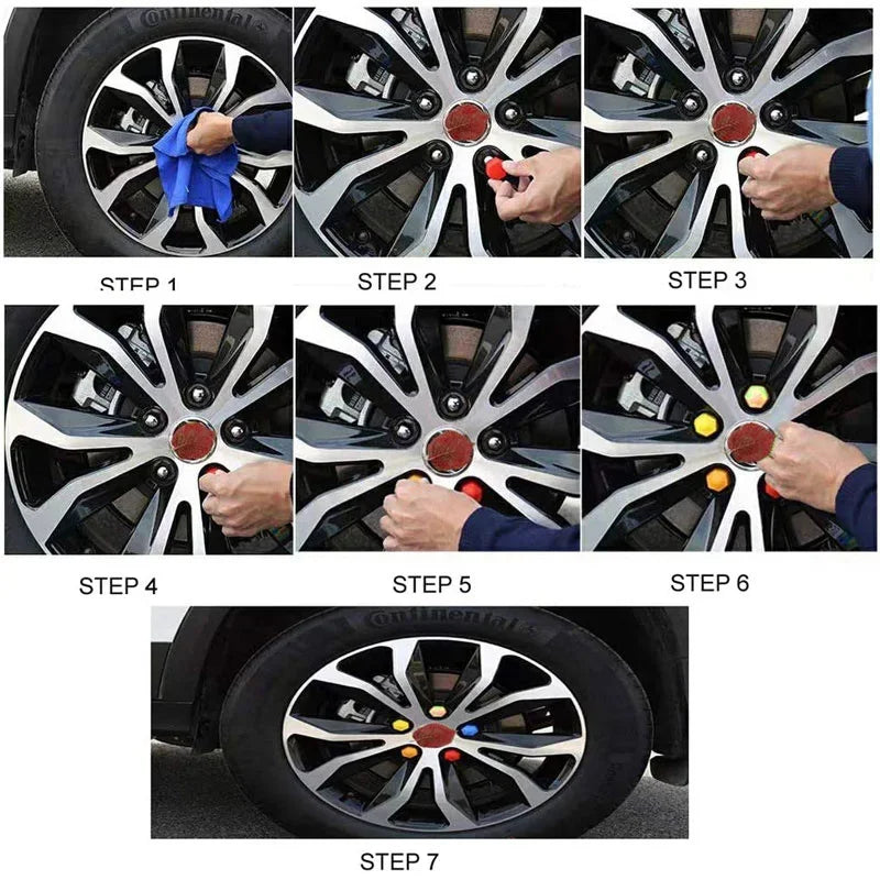 A step-by-step guide showing the process of installing 20-piece car wheel nut cap covers on a wheel hub.