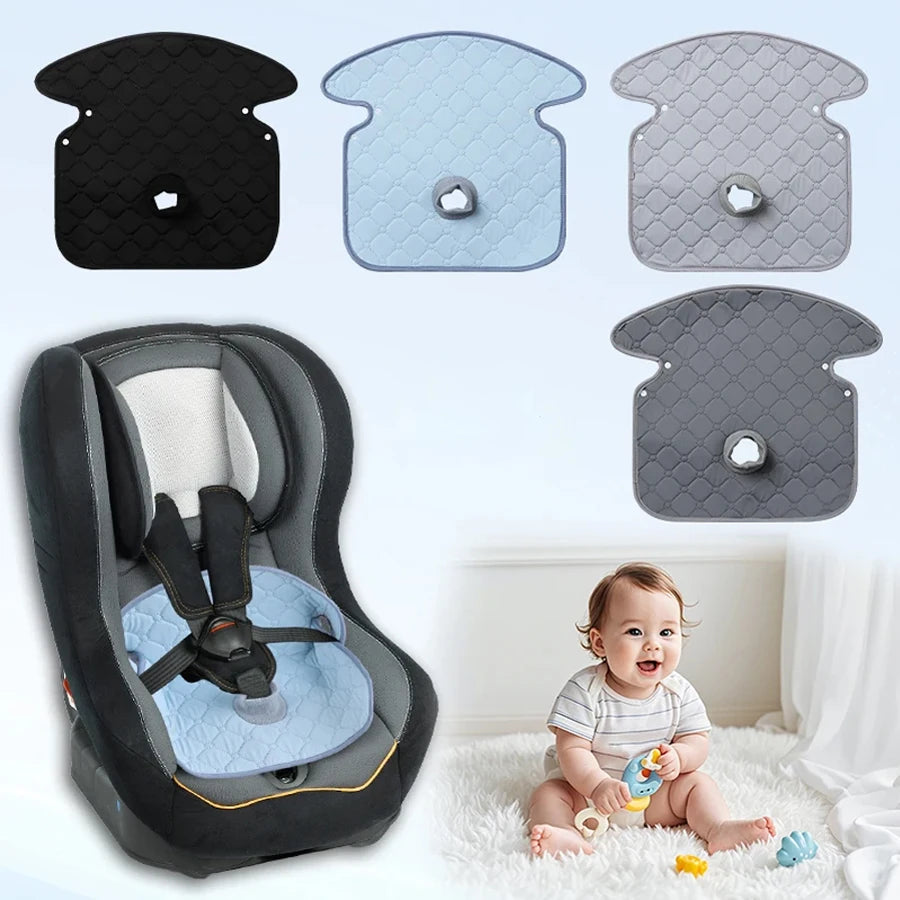 A water-absorbent stroller and car seat protector cushion with various gray and black silicone covers shown alongside the pro