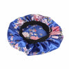 Blue satin hair bonnet with a floral print and black elastic band
