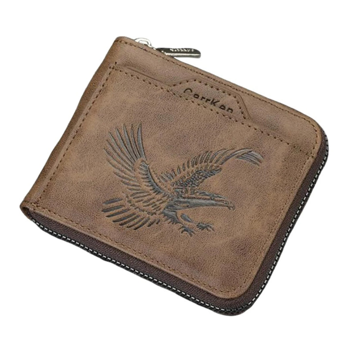 Braunes Leder-Kartenetui mit gestanztem Adlerdesign und silberner Schnalle.