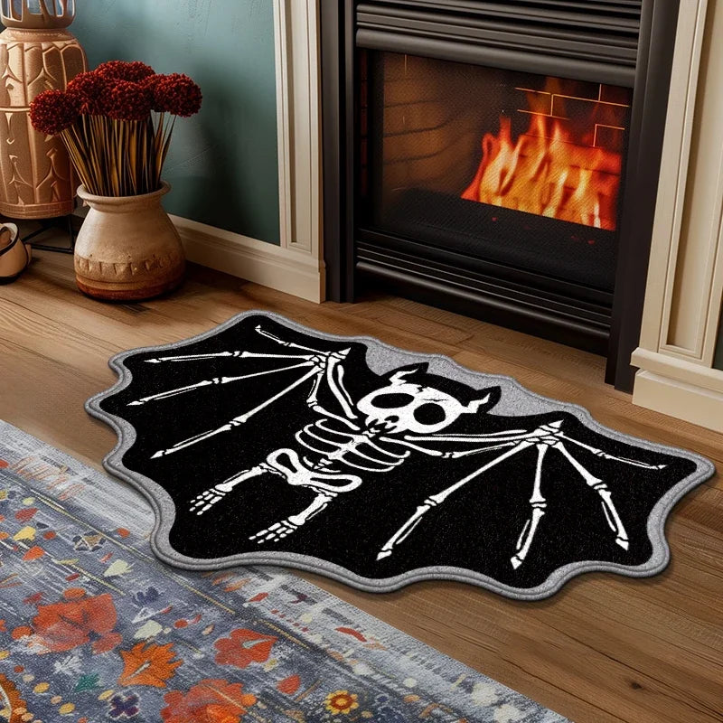Black decorative rug featuring a white ghost and spider web design
