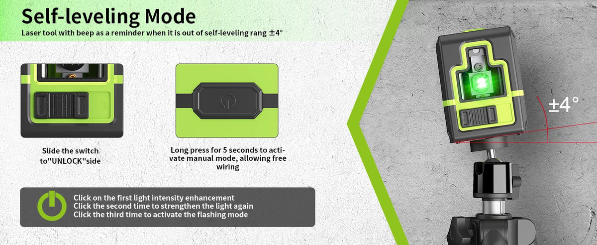 A laser tool in self-leveling mode with a green cross line projection and an on/off switch interface.