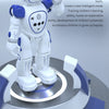 A white robot toy is shown standing on a circular base, demonstrating multiple functions for intelligent early education.