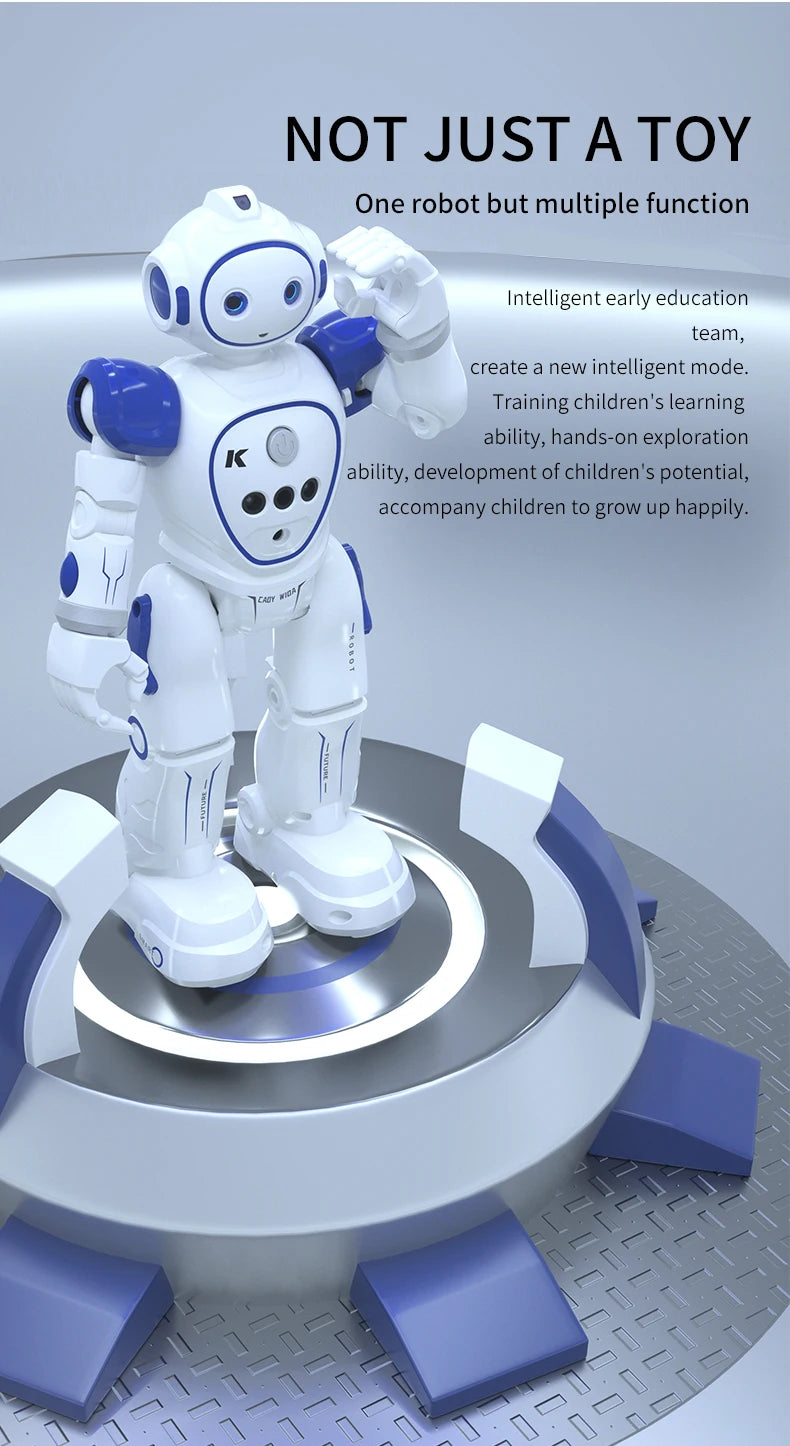 A white robot toy is shown standing on a circular base, demonstrating multiple functions for intelligent early education.
