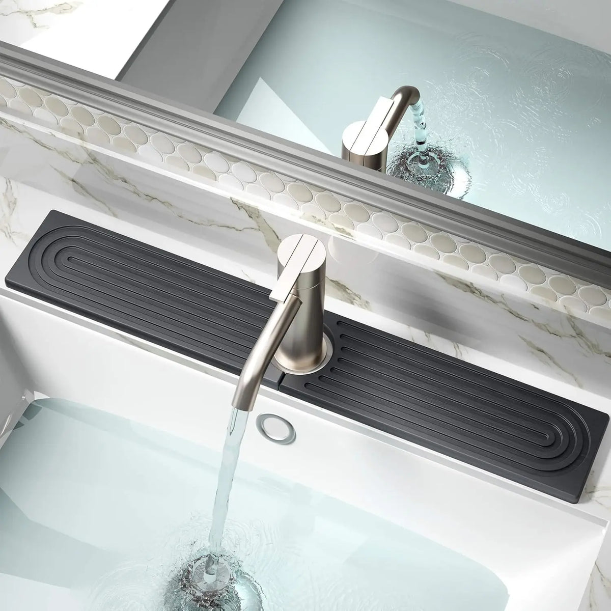 A close-up view of a stainless steel faucet pouring water into a white sink, highlighting the diatomite tray.