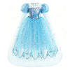 Light blue tulle princess party dress with a sparkly bodice and sheer overlay