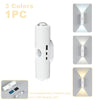 A white rechargeable motion sensor LED night light with RGB mood lighting shown in various angles.