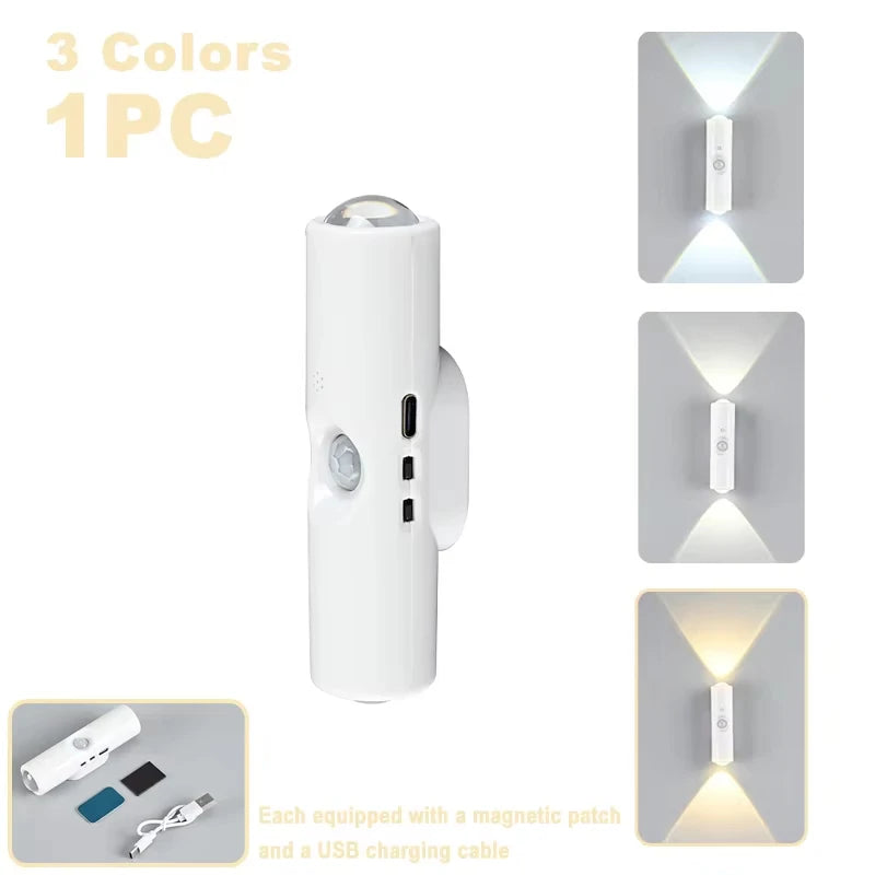 A white rechargeable motion sensor LED night light with RGB mood lighting shown in various angles.