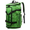 A bright green tactical nylon backpack with multiple compartments and black straps.