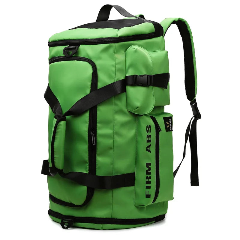 A bright green tactical nylon backpack with multiple compartments and black straps.