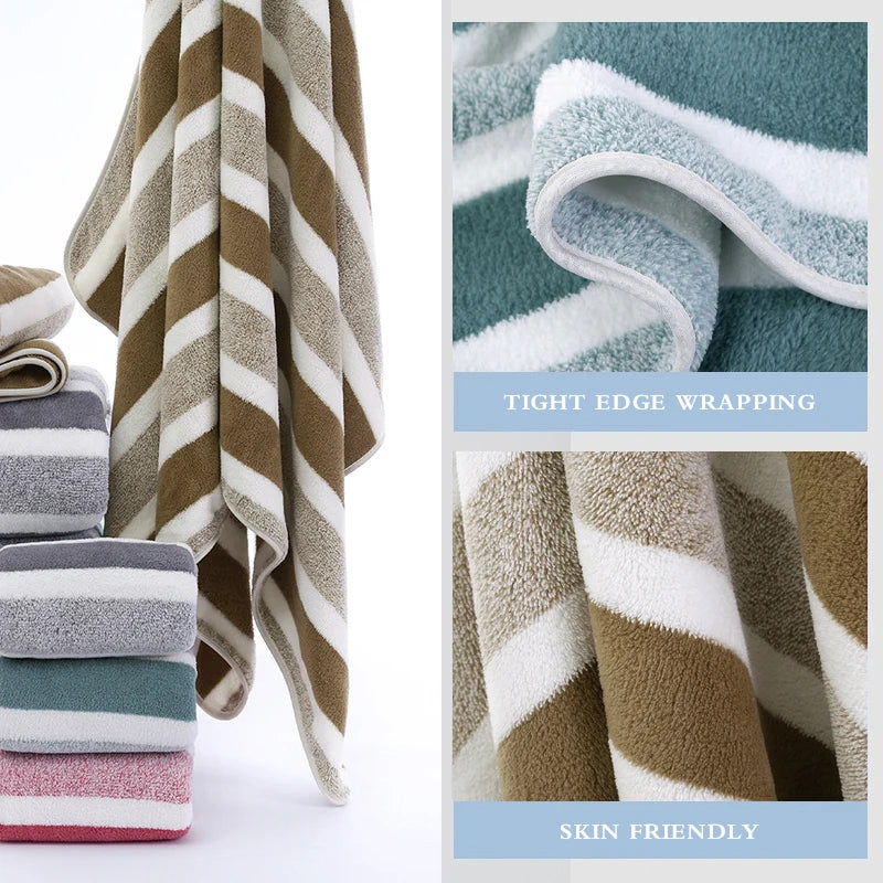 A set of soft absorbent quick-dry bath towels featuring striped patterns in olive green, beige, and white.
