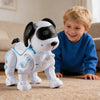 A smiling young boy is interacting with a white remote control robot dog toy on a carpet.