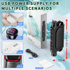 A black portable car seat cooling fan is shown next to its packaging and a power bank, demonstrating its use for various scen