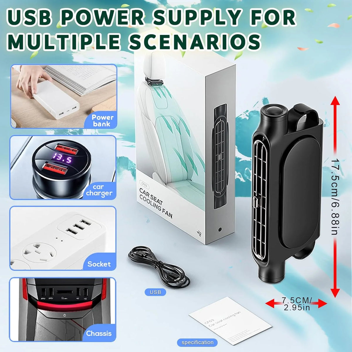 A black portable car seat cooling fan is shown next to its packaging and a power bank, demonstrating its use for various scen