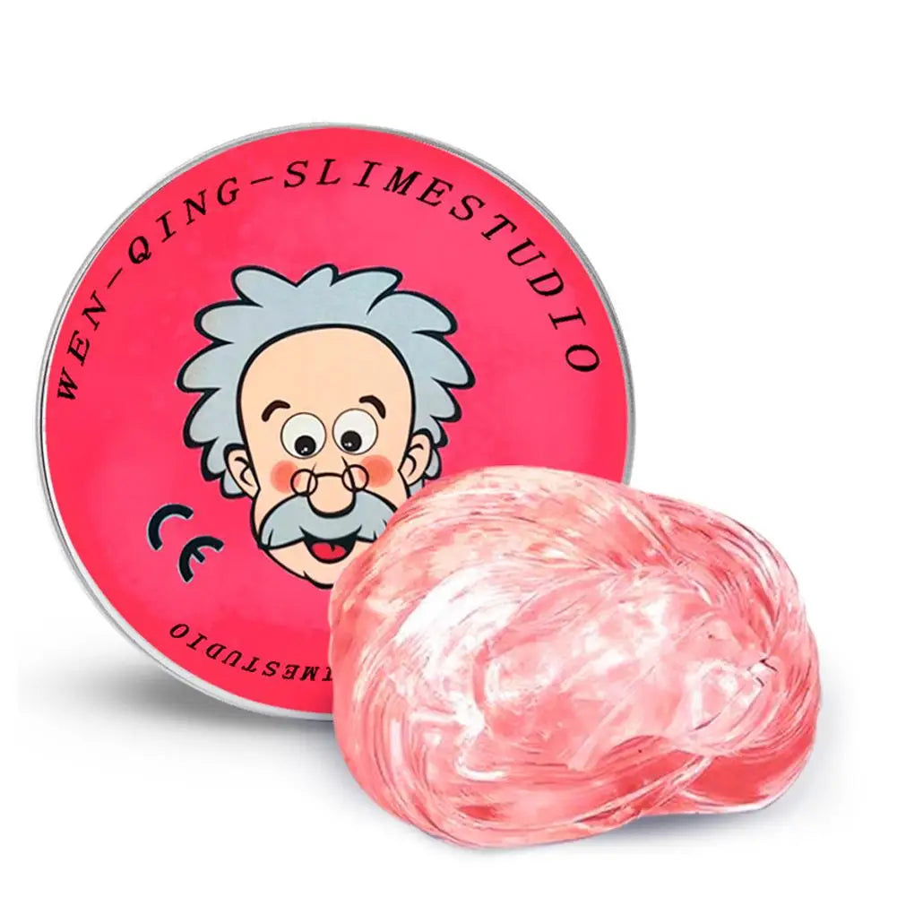 A pink, translucent stress putty is shown next to its round storage tin labeled WEN-QING-SLIMESTUDIO.