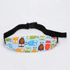 A colorful sleeping headrest for a baby car seat featuring various animal faces on a light blue background.