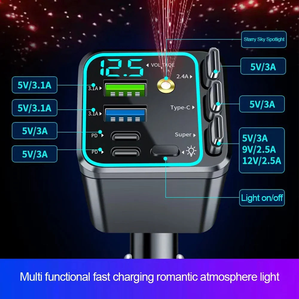 7-in-1 120W Car Charger with Retractable Cables and Digital Voltmeter