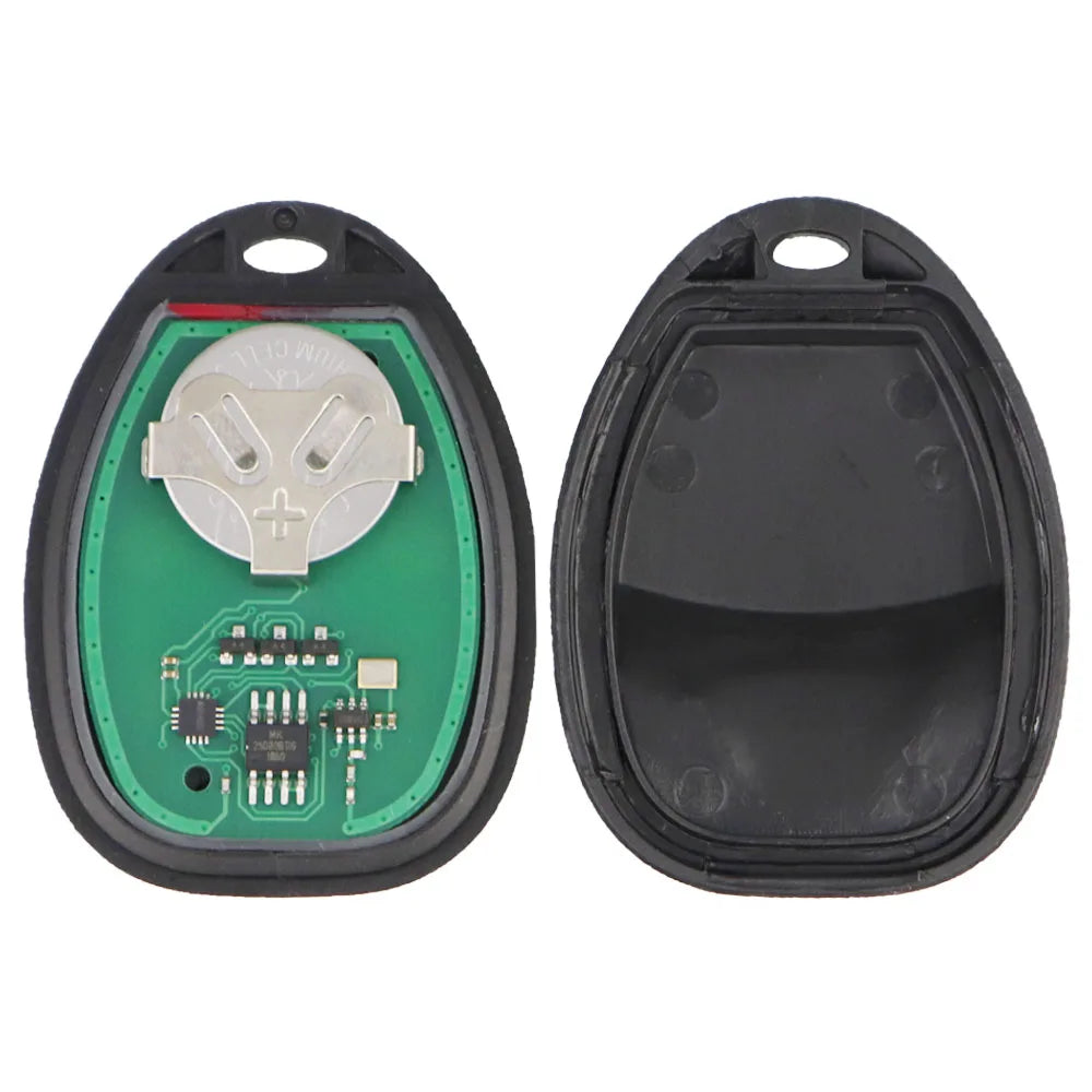 A replacement remote key fob for select GM vehicles, showing the internal circuit board and housing.